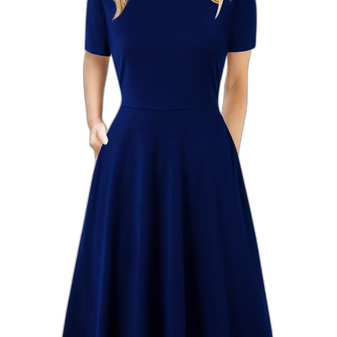 Elegant Black Midi Dress for Women with Crew Neck Short Sleeve A Line Fit And Flare Cocktail Style
