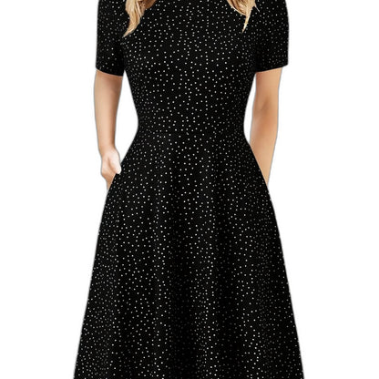 Elegant Black Midi Dress for Women with Crew Neck Short Sleeve A Line Fit And Flare Cocktail Style