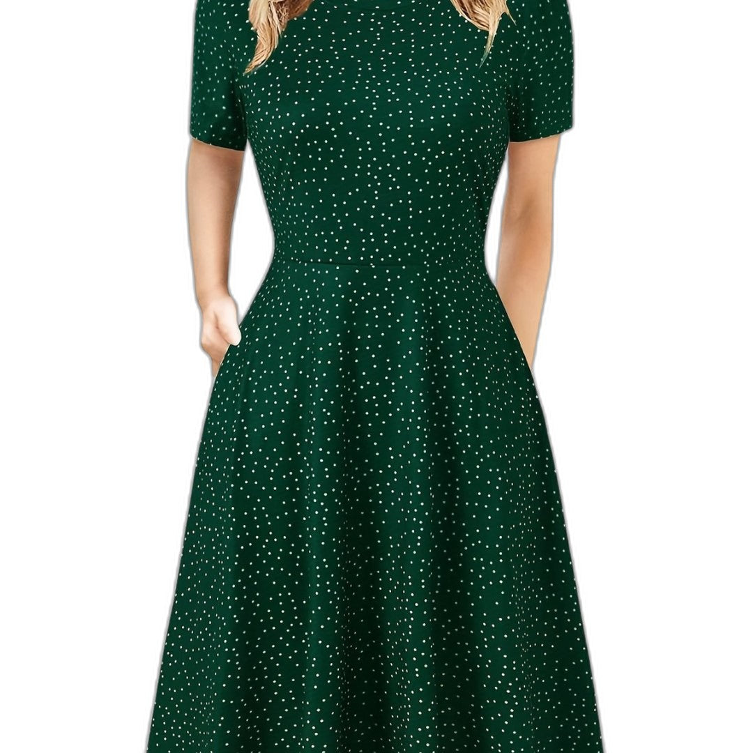 Elegant Black Midi Dress for Women with Crew Neck Short Sleeve A Line Fit And Flare Cocktail Style