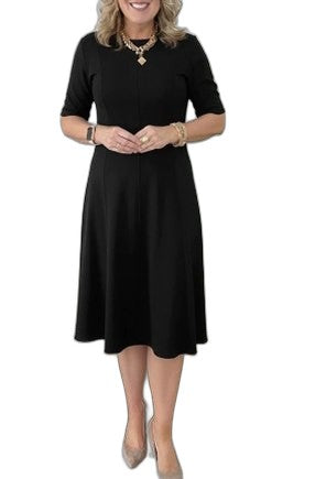 Elegant Black Midi Dress for Women with Crew Neck Short Sleeve A Line Fit And Flare Cocktail Style