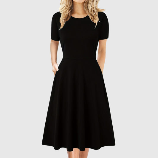 Elegant Black Midi Dress for Women with Crew Neck Short Sleeve A Line Fit And Flare Cocktail Style