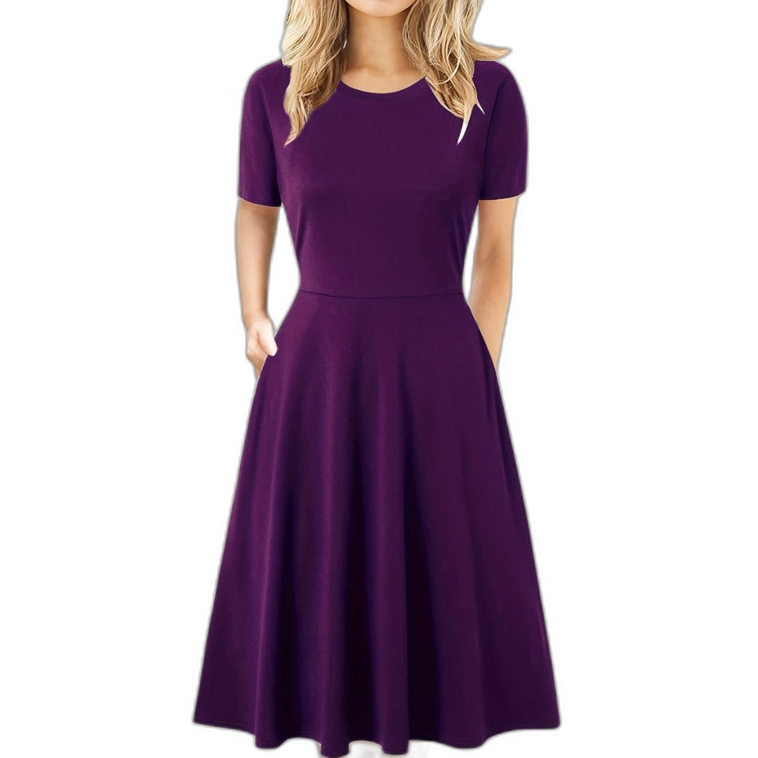 Elegant Black Midi Dress for Women with Crew Neck Short Sleeve A Line Fit And Flare Cocktail Style