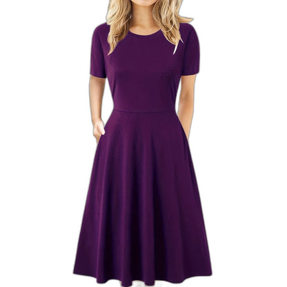 Elegant Black Midi Dress for Women with Crew Neck Short Sleeve A Line Fit And Flare Cocktail Style