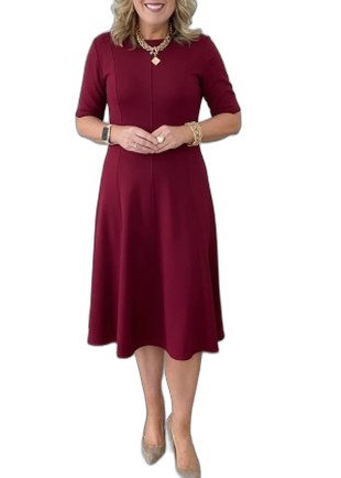 Elegant Black Midi Dress for Women with Crew Neck Short Sleeve A Line Fit And Flare Cocktail Style