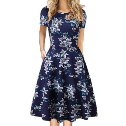 Elegant Black Midi Dress for Women with Crew Neck Short Sleeve A Line Fit And Flare Cocktail Style