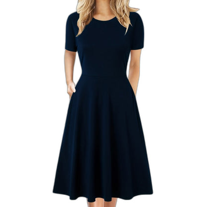 Elegant Black Midi Dress for Women with Crew Neck Short Sleeve A Line Fit And Flare Cocktail Style