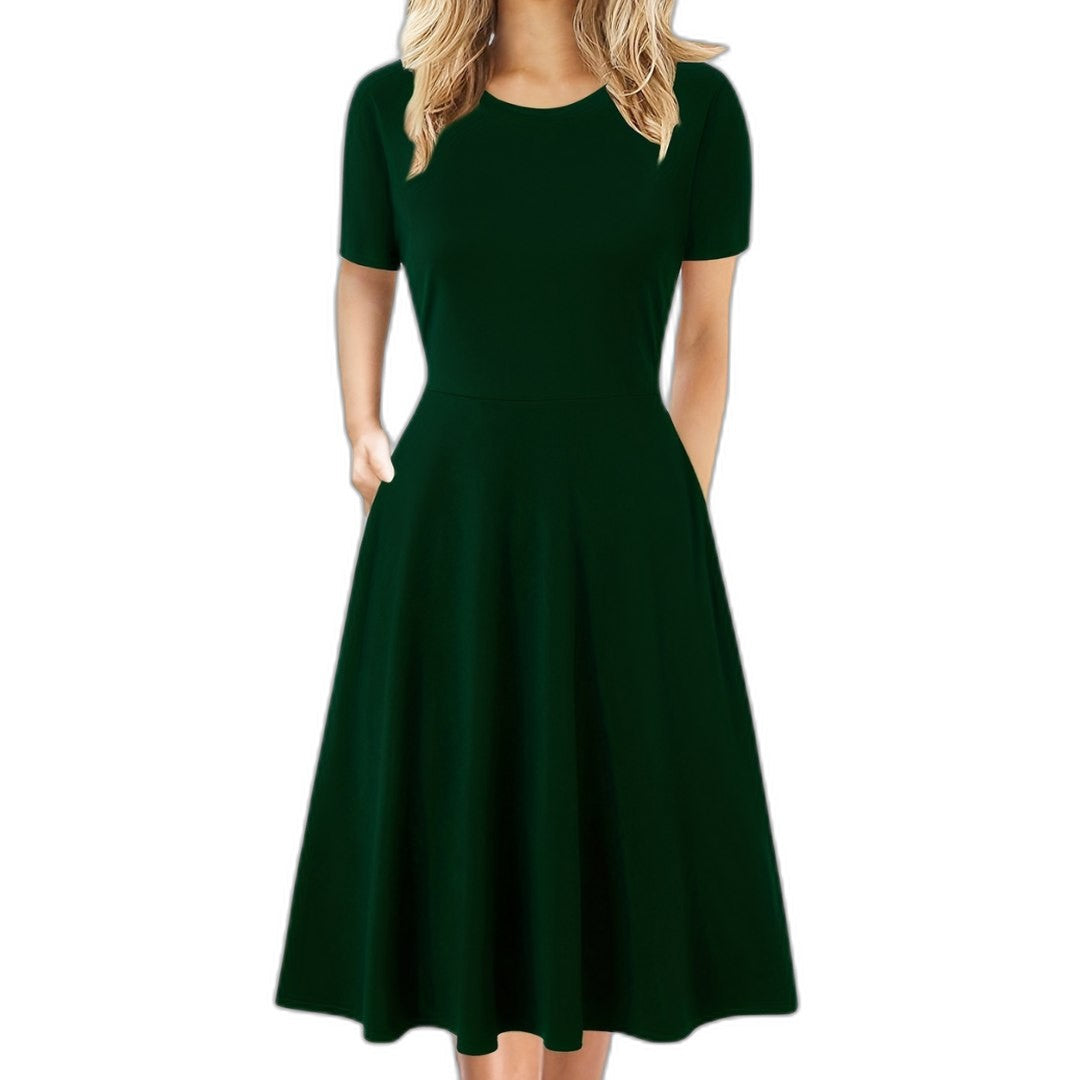 Elegant Black Midi Dress for Women with Crew Neck Short Sleeve A Line Fit And Flare Cocktail Style