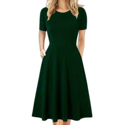 Elegant Black Midi Dress for Women with Crew Neck Short Sleeve A Line Fit And Flare Cocktail Style