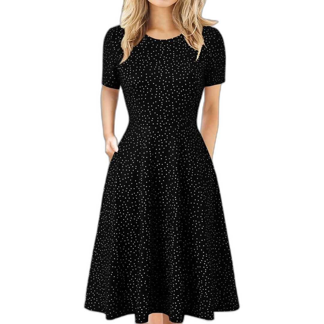 Elegant Black Midi Dress for Women with Crew Neck Short Sleeve A Line Fit And Flare Cocktail Style