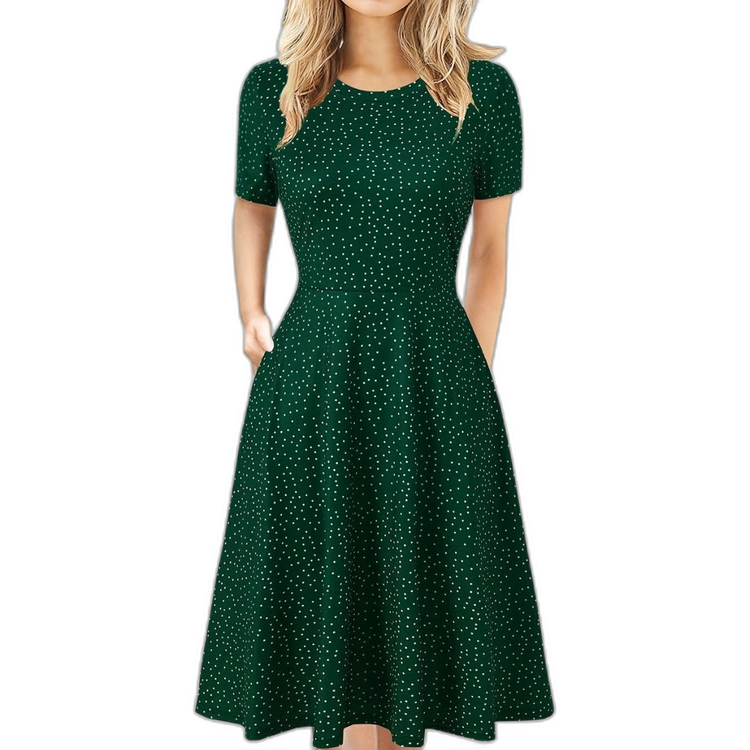 Elegant Black Midi Dress for Women with Crew Neck Short Sleeve A Line Fit And Flare Cocktail Style