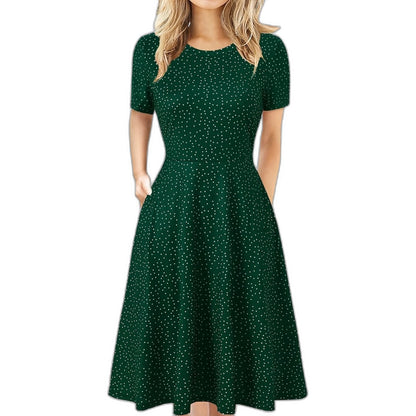 Elegant Black Midi Dress for Women with Crew Neck Short Sleeve A Line Fit And Flare Cocktail Style