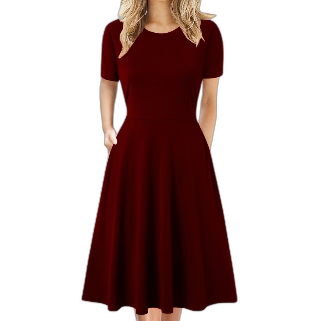 Elegant Black Midi Dress for Women with Crew Neck Short Sleeve A Line Fit And Flare Cocktail Style