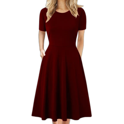 Elegant Black Midi Dress for Women with Crew Neck Short Sleeve A Line Fit And Flare Cocktail Style