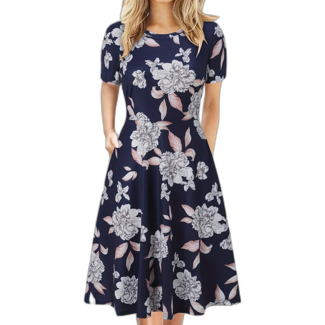 Elegant Black Midi Dress for Women with Crew Neck Short Sleeve A Line Fit And Flare Cocktail Style