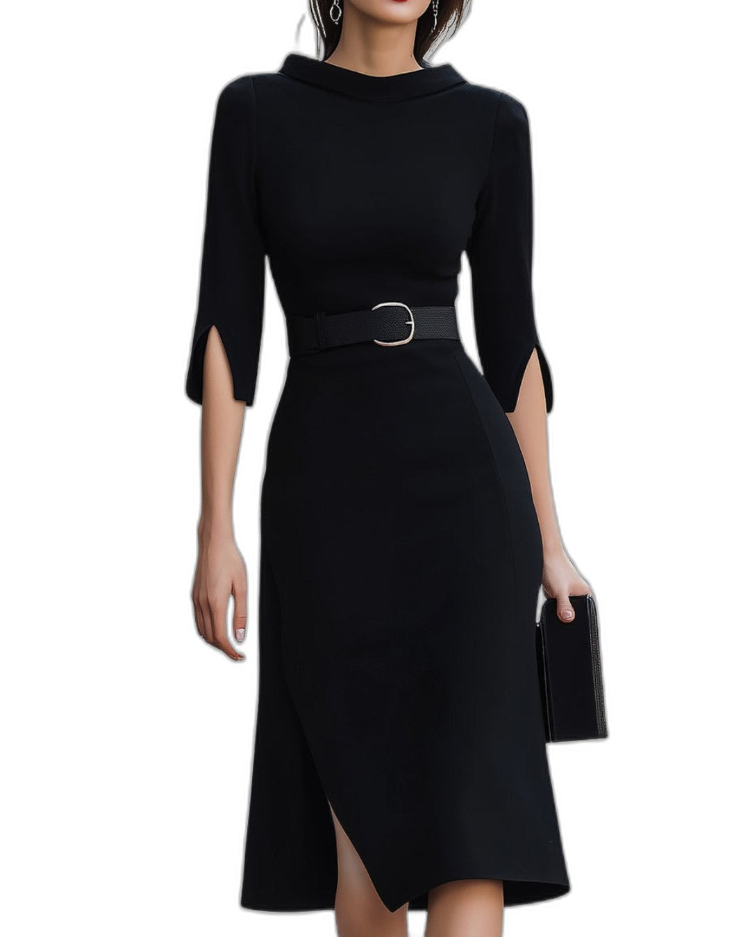Elegant Black Midi Dress for Women with High Neck Elbow Sleeve Bodycon Belted Cocktail Style