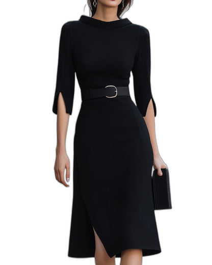 Elegant Black Midi Dress for Women with High Neck Elbow Sleeve Bodycon Belted Cocktail Style