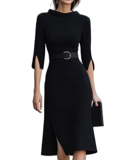 Elegant Black Midi Dress for Women with High Neck Elbow Sleeve Bodycon Belted Cocktail Style