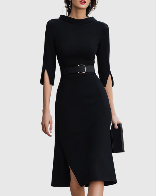 Elegant Black Midi Dress for Women with High Neck Elbow Sleeve Bodycon Belted Cocktail Style