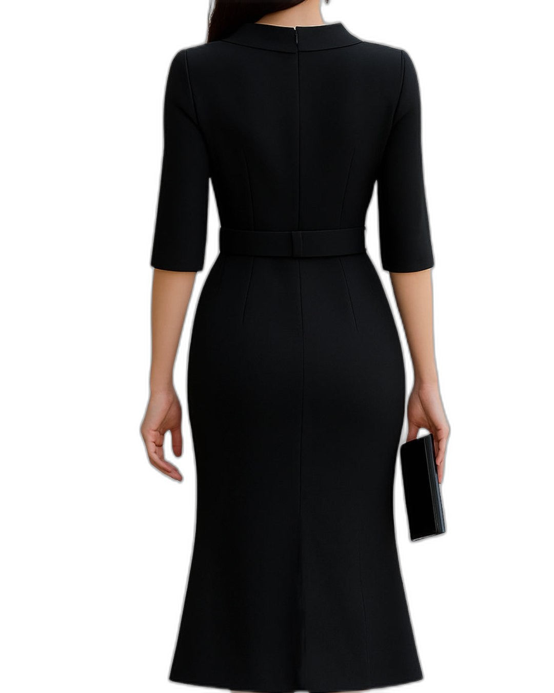 Elegant Black Midi Dress for Women with High Neck Elbow Sleeve Bodycon Belted Cocktail Style