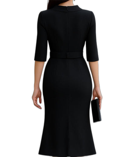 Elegant Black Midi Dress for Women with High Neck Elbow Sleeve Bodycon Belted Cocktail Style
