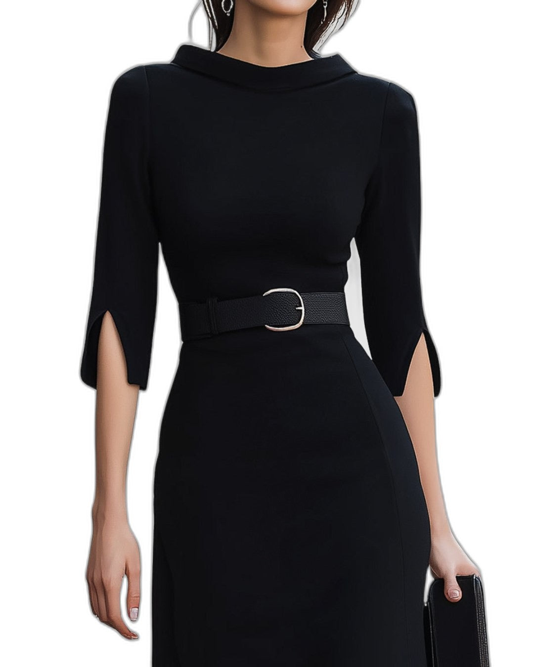 Elegant Black Midi Dress for Women with High Neck Elbow Sleeve Bodycon Belted Cocktail Style