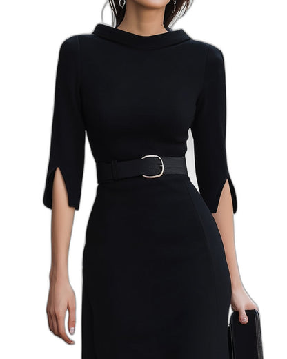 Elegant Black Midi Dress for Women with High Neck Elbow Sleeve Bodycon Belted Cocktail Style