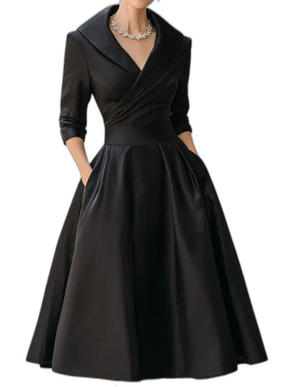 Elegant Black Midi Dress for Women with V Neck Long Sleeve Wrap Fit And Flare Cocktail Style
