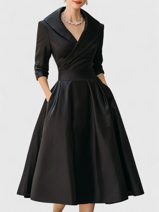 Elegant Black Midi Dress for Women with V Neck Long Sleeve Wrap Fit And Flare Cocktail Style
