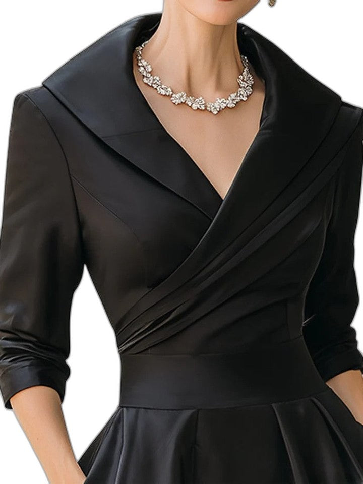 Elegant Black Midi Dress for Women with V Neck Long Sleeve Wrap Fit And Flare Cocktail Style