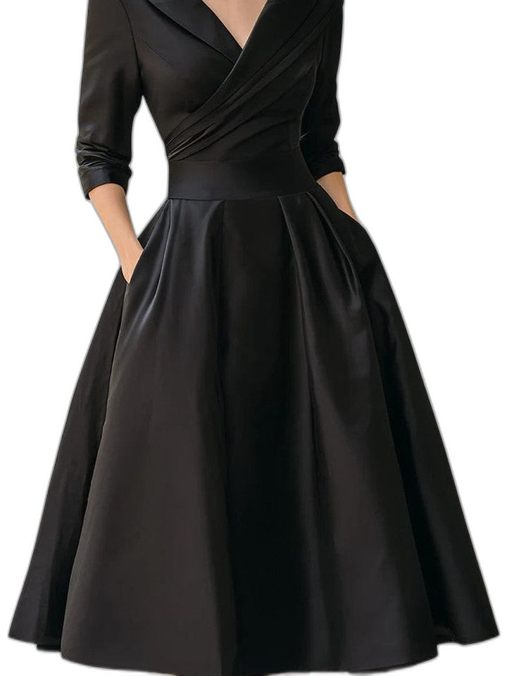 Elegant Black Midi Dress for Women with V Neck Long Sleeve Wrap Fit And Flare Cocktail Style