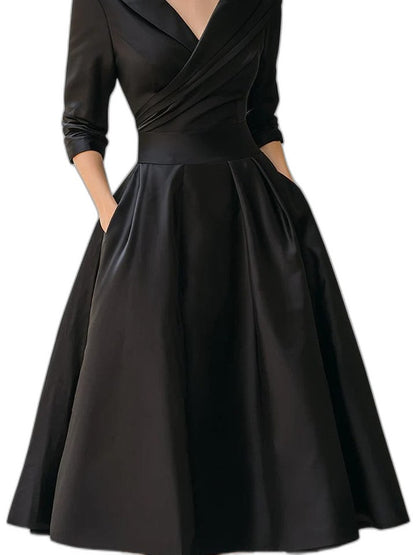 Elegant Black Midi Dress for Women with V Neck Long Sleeve Wrap Fit And Flare Cocktail Style