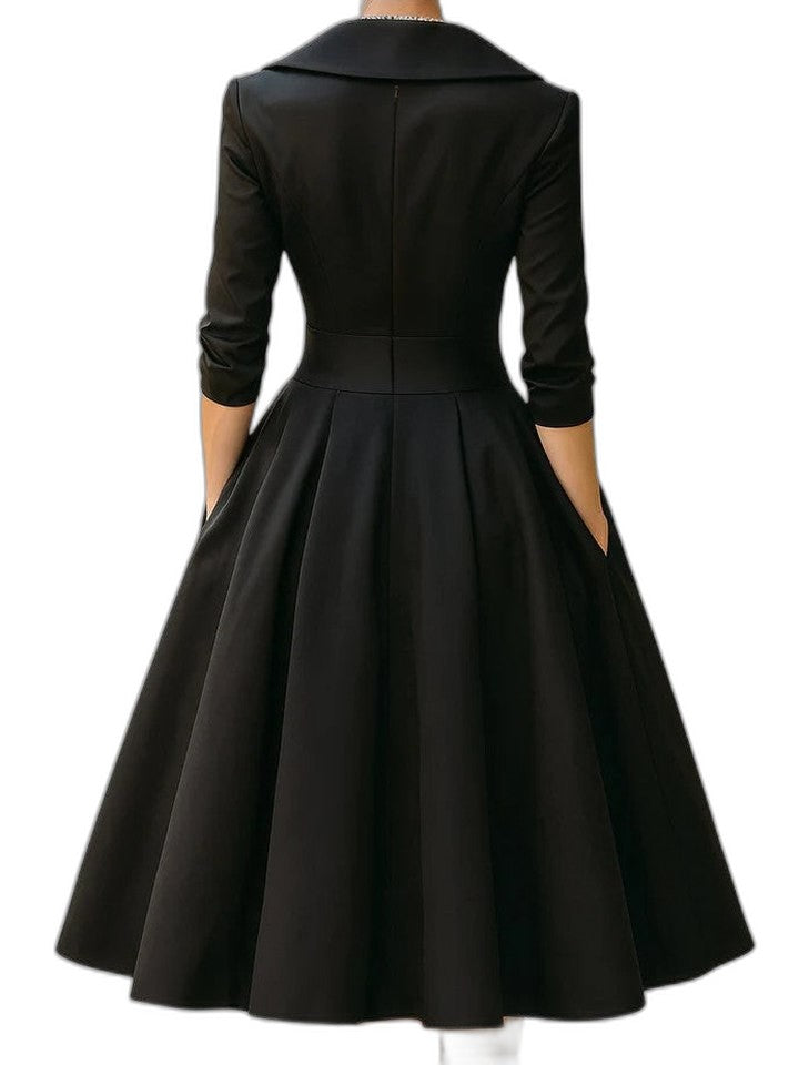 Elegant Black Midi Dress for Women with V Neck Long Sleeve Wrap Fit And Flare Cocktail Style