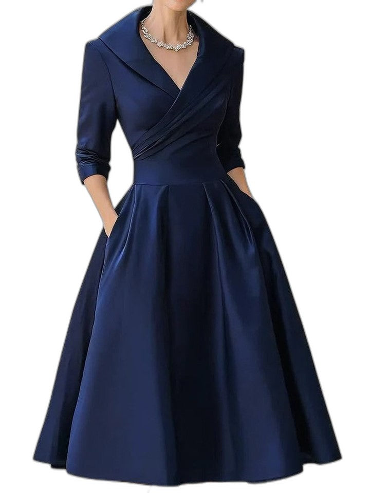 Elegant Black Midi Dress for Women with V Neck Long Sleeve Wrap Fit And Flare Cocktail Style