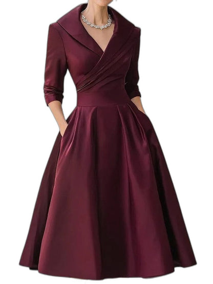 Elegant Black Midi Dress for Women with V Neck Long Sleeve Wrap Fit And Flare Cocktail Style