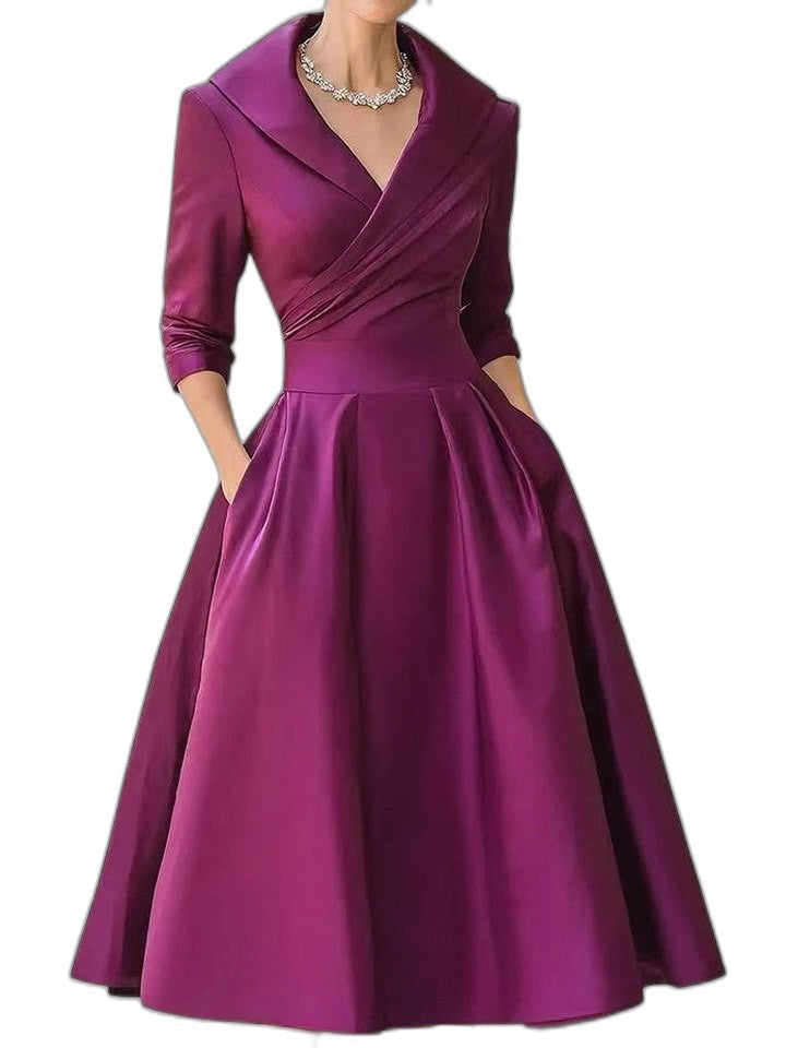 Elegant Black Midi Dress for Women with V Neck Long Sleeve Wrap Fit And Flare Cocktail Style