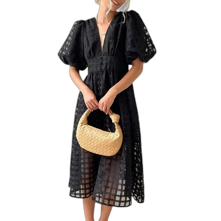 Elegant Black Midi Dress for Women with V Neck Puff Sleeve Fit And Flare Cocktail Style