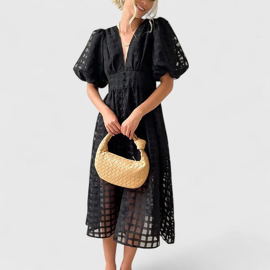 Elegant Black Midi Dress for Women with V Neck Puff Sleeve Fit And Flare Cocktail Style