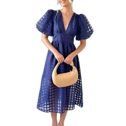 Elegant Black Midi Dress for Women with V Neck Puff Sleeve Fit And Flare Cocktail Style