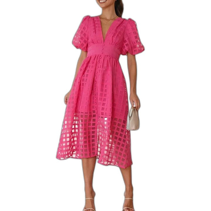 Elegant Black Midi Dress for Women with V Neck Puff Sleeve Fit And Flare Cocktail Style