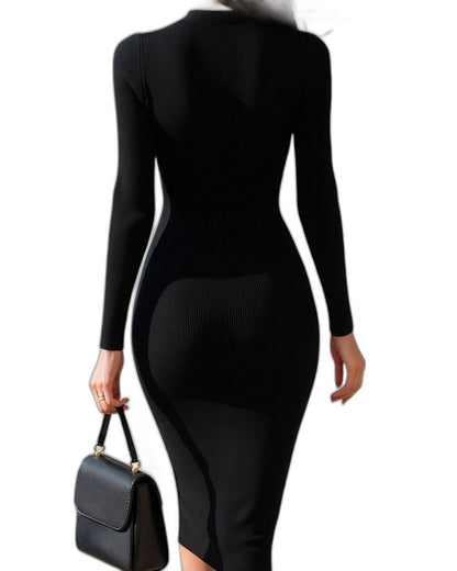 Elegant Black Ribbed Midi Dress for Women with High Neck Long Sleeve Bodycon Pockets Cocktail Style