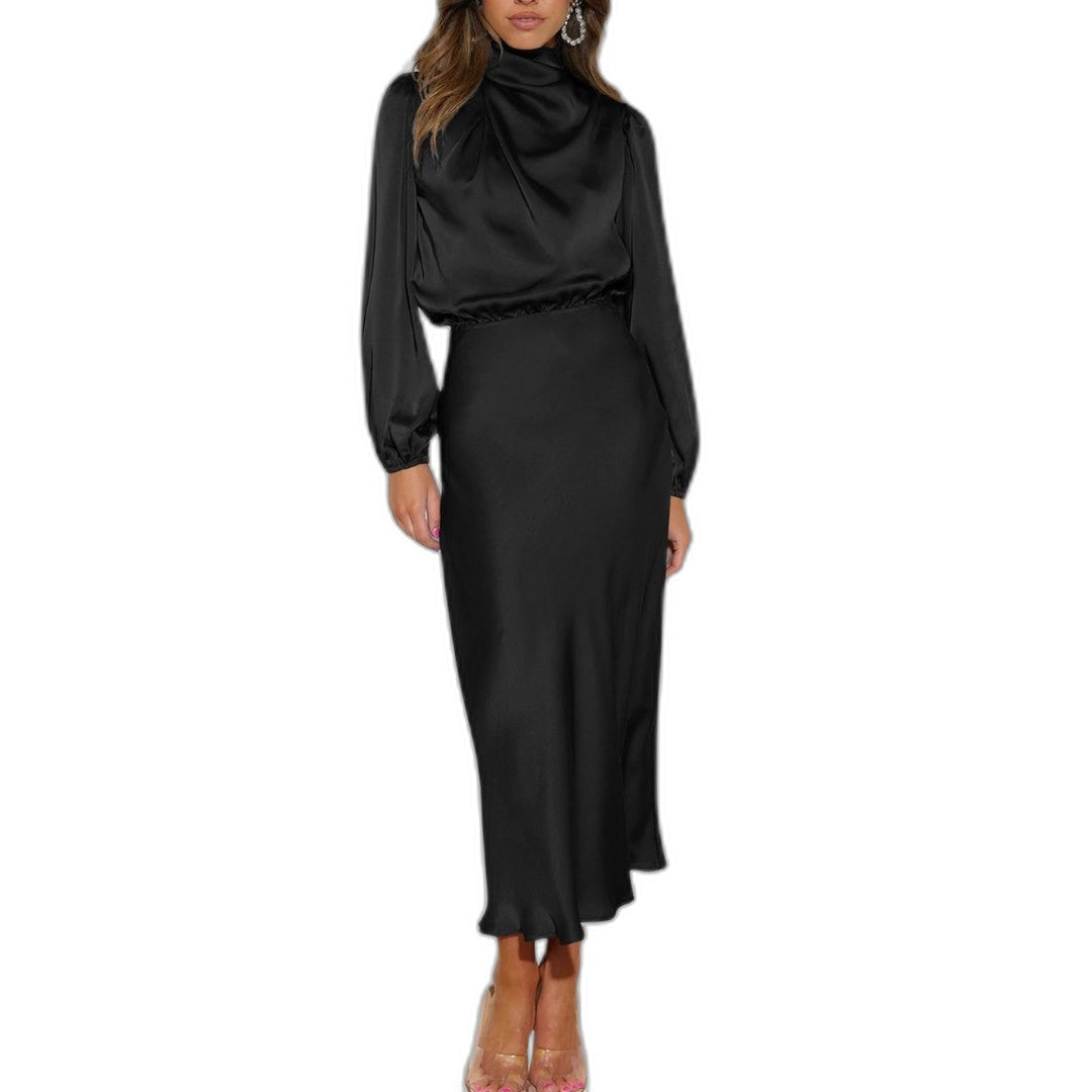 Elegant Black Satin Maxi Dress for Women with High Neck Long Sleeve Bodycon Formal Style