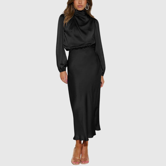 Elegant Black Satin Maxi Dress for Women with High Neck Long Sleeve Bodycon Formal Style