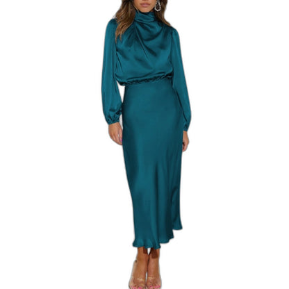 Elegant Black Satin Maxi Dress for Women with High Neck Long Sleeve Bodycon Formal Style