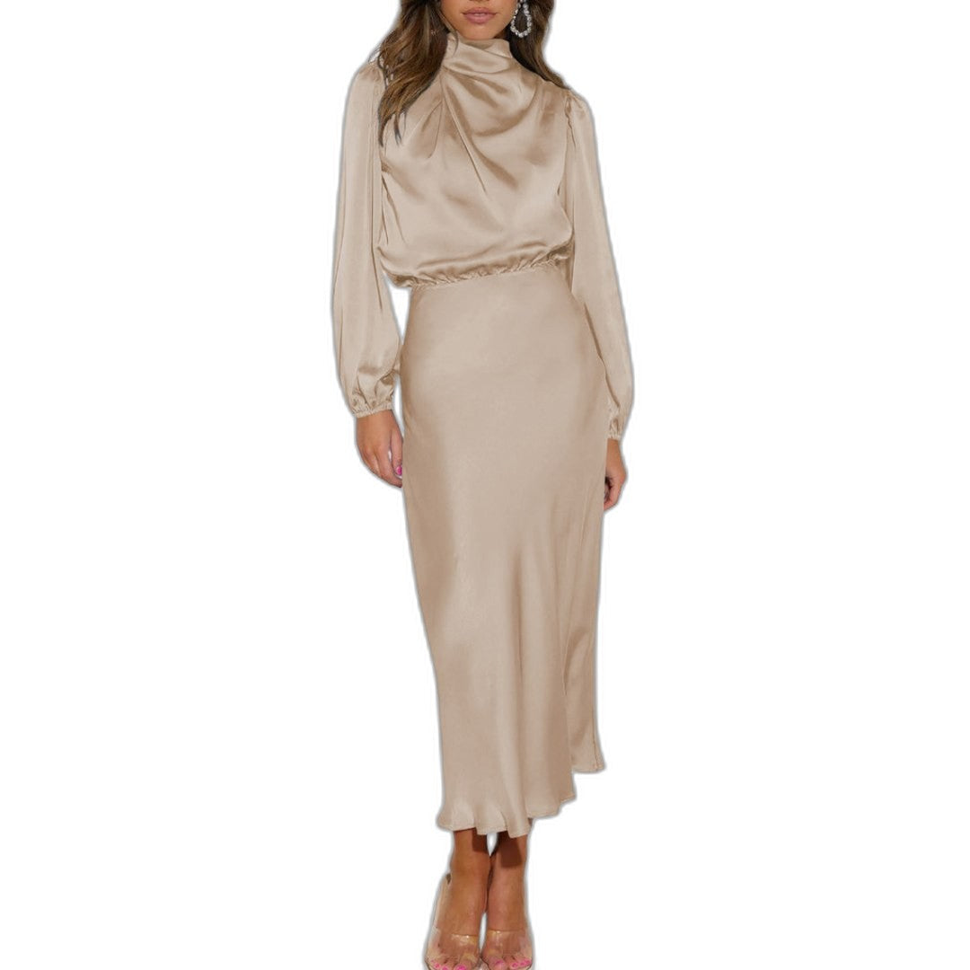 Elegant Black Satin Maxi Dress for Women with High Neck Long Sleeve Bodycon Formal Style