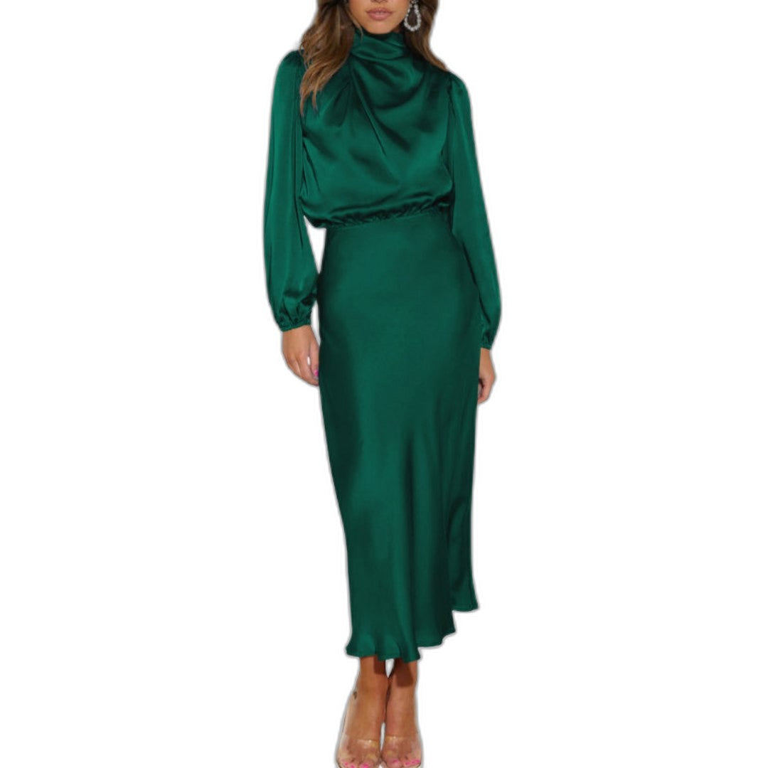 Elegant Black Satin Maxi Dress for Women with High Neck Long Sleeve Bodycon Formal Style