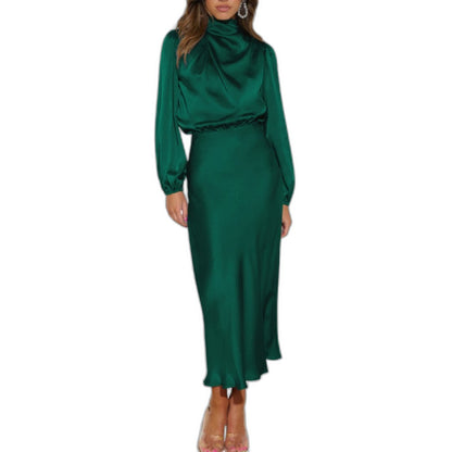Elegant Black Satin Maxi Dress for Women with High Neck Long Sleeve Bodycon Formal Style