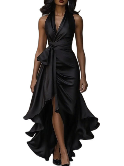 Elegant Black Satin Maxi Dress for Women with V Neck Sleeveless Wrap Ruffle Belted Formal Style