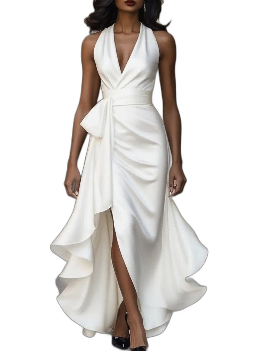Elegant Black Satin Maxi Dress for Women with V Neck Sleeveless Wrap Ruffle Belted Formal Style