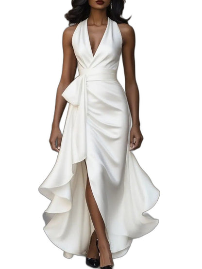 Elegant Black Satin Maxi Dress for Women with V Neck Sleeveless Wrap Ruffle Belted Formal Style