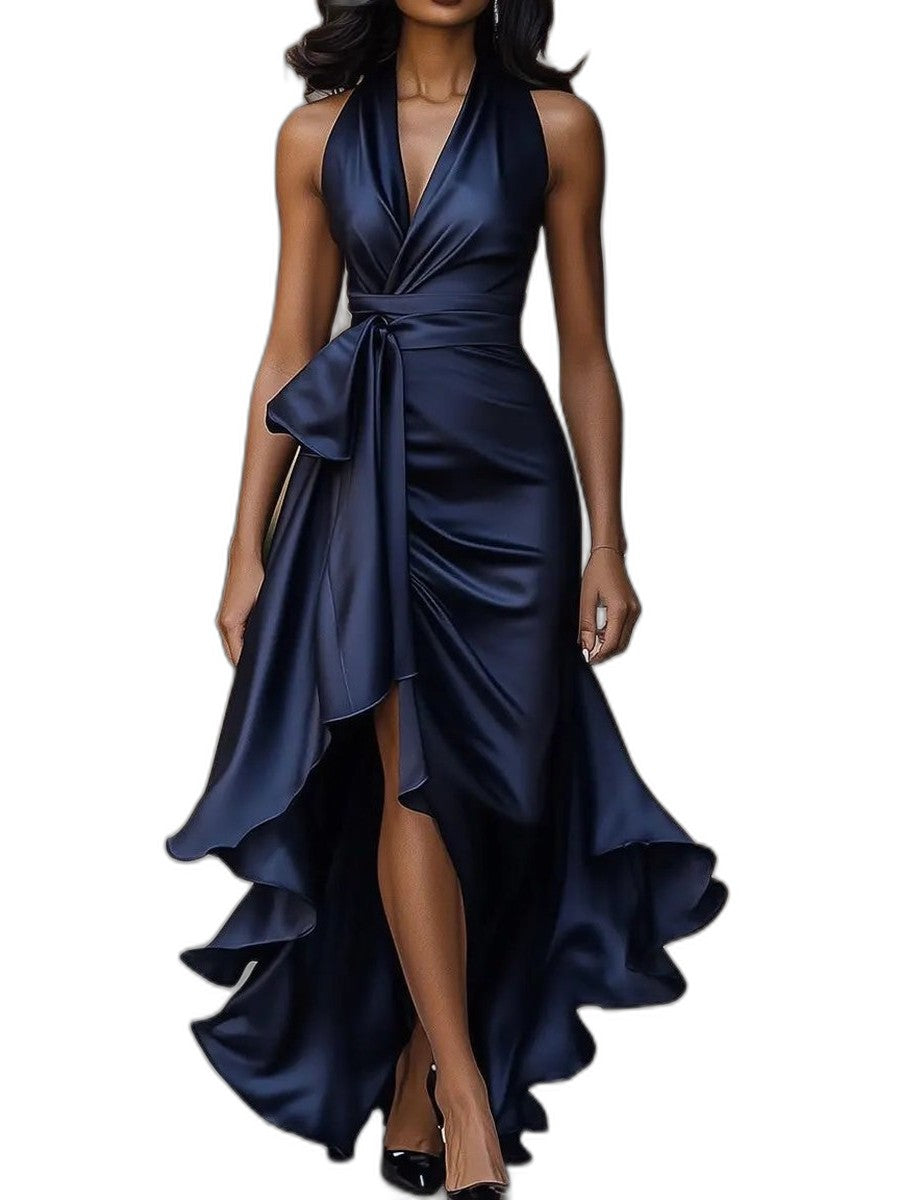 Elegant Black Satin Maxi Dress for Women with V Neck Sleeveless Wrap Ruffle Belted Formal Style